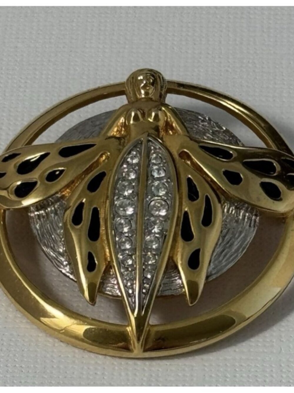 Vintage Gold Tone Angel Insect Circle Brooch Pin Rhinestone Wings Purple Enamel
